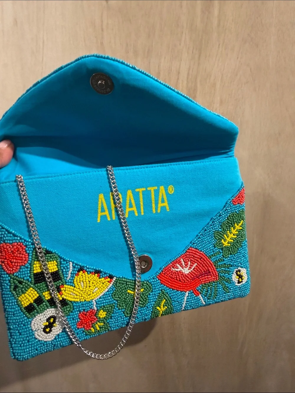 Aratta Turquoise Beaded Flamingo Envelope Clutch